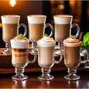 Set of 6 Clear Glass Goblet Mugs with Handles, 8 Oz - Perfect for Irish Coffee, Latte, Cappuccino, Smoothie and All Hot & Cold Beverages