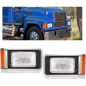 HECASA Pair Headlights w/Bezels Compatible with 1990-2017 Mack CH613 SFA Hood Truck Replacement for 2M0516CM Halogen Headlamp w/Turn Signal Bulbs Set Clear & Amber Lens Driver & Passenger Side