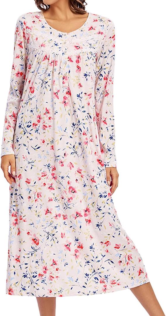 FMIRREO Long Cotton Nightgown Women's Long Sleeve Sleepwear Pleated Floral House Dress Soft Comfy Night Dress for Ladies (A01-pink Red Green Flower)