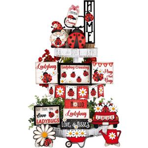 19 Pcs Ladybug Tiered Tray Decor Set Spring Summer Ladybug Table Wooden Signs Hello Spring Red Ladybird Sunflower Wooden Blocks Signs Rustic Farmhouse Tiered Tray Decorative for Home Kitchen