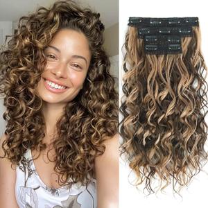 Clip in Hair Extensions,LEOSA 4PCS 16 inch Curly Hair Extensions Short Soft Natural Hairpiece Lace Weft Curly Wave Clip Ins Extensions Invisible for Women,Chocolate Brown with Blonde Highlights
