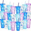 Chuangdi 24 Set Snowflakes Plastic Cup Bulk Christmas Cups with Lids Straws 24 oz Christmas Reusable Party Cup Coffee for Hot Cold Beverage Drinking Party Winter Birthday Supplies (Mixed Color)