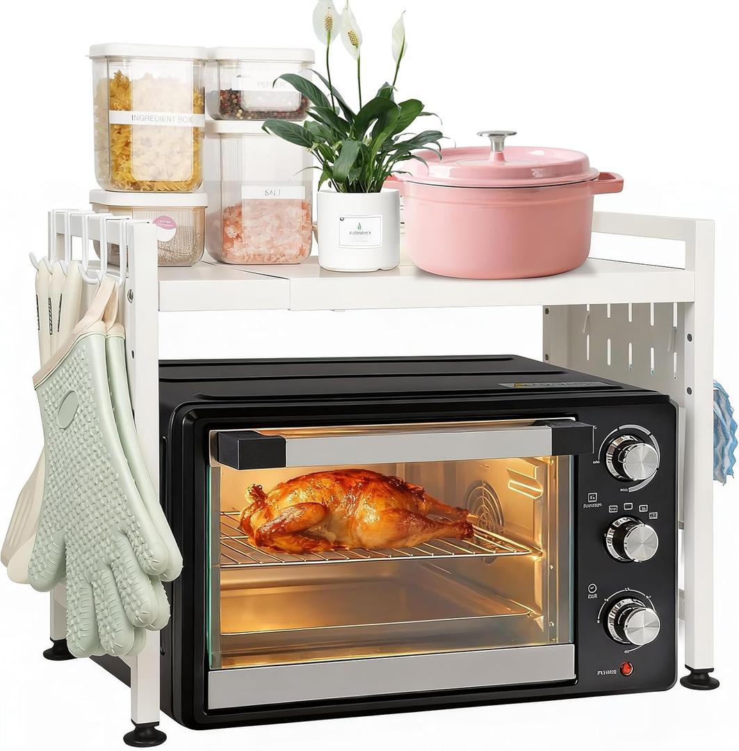 Expandable Microwave Stand Countertop, Heavy Duty Over Microwave Shelf Countertop, 2 Tier Metal Microwave Oven Rack Shelf for Kitchen Tabletop with 4 Hooks,Holds 160lb,Height Adjustable,White