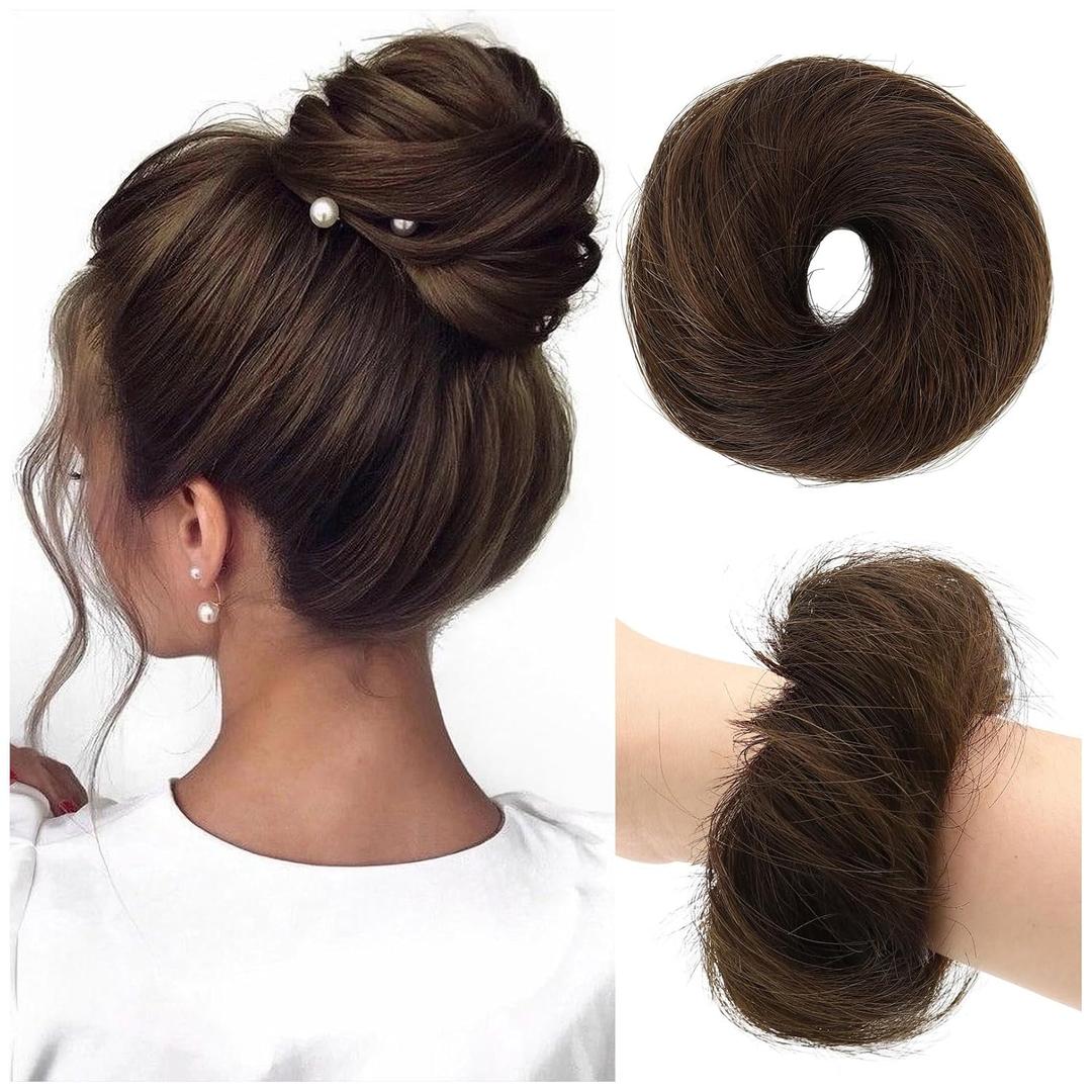 100% Real Human Hair Bun Natural Curly Chignon Fluffy Donut Updo Messy Bun Hair Piece Scrunchies Extension for Women Girls (Dark Brown)