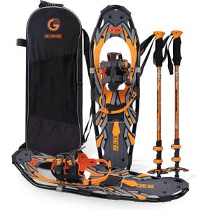 G2 36 Inches Light Weight Snowshoes with Toe Box, EVA Padded Ratchet Binding, Heel Lift, Flexible Pivot Bar, Durable Back Strap, Set with Trekking Poles, Carrying Bag, Snow Baskets, Orange