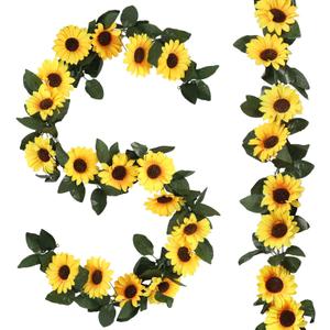 Beferr Sunflower Garlands Decor-2 Pack 7.5ft/Pcs Artificial Sunflower Vines Silk Hanging Flowers with Green Leaves for Wedding Birthday Party Home Wall Decorations