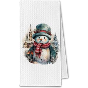 Retro Christmas Snowman Kitchen Towels, Vintage Holiday Xmas Dish Towels Drying Cloth for Kitchen, Winter Christmas Tree Snowman Church Decorative Hand Towel for Bathroom, 16x24 Inch