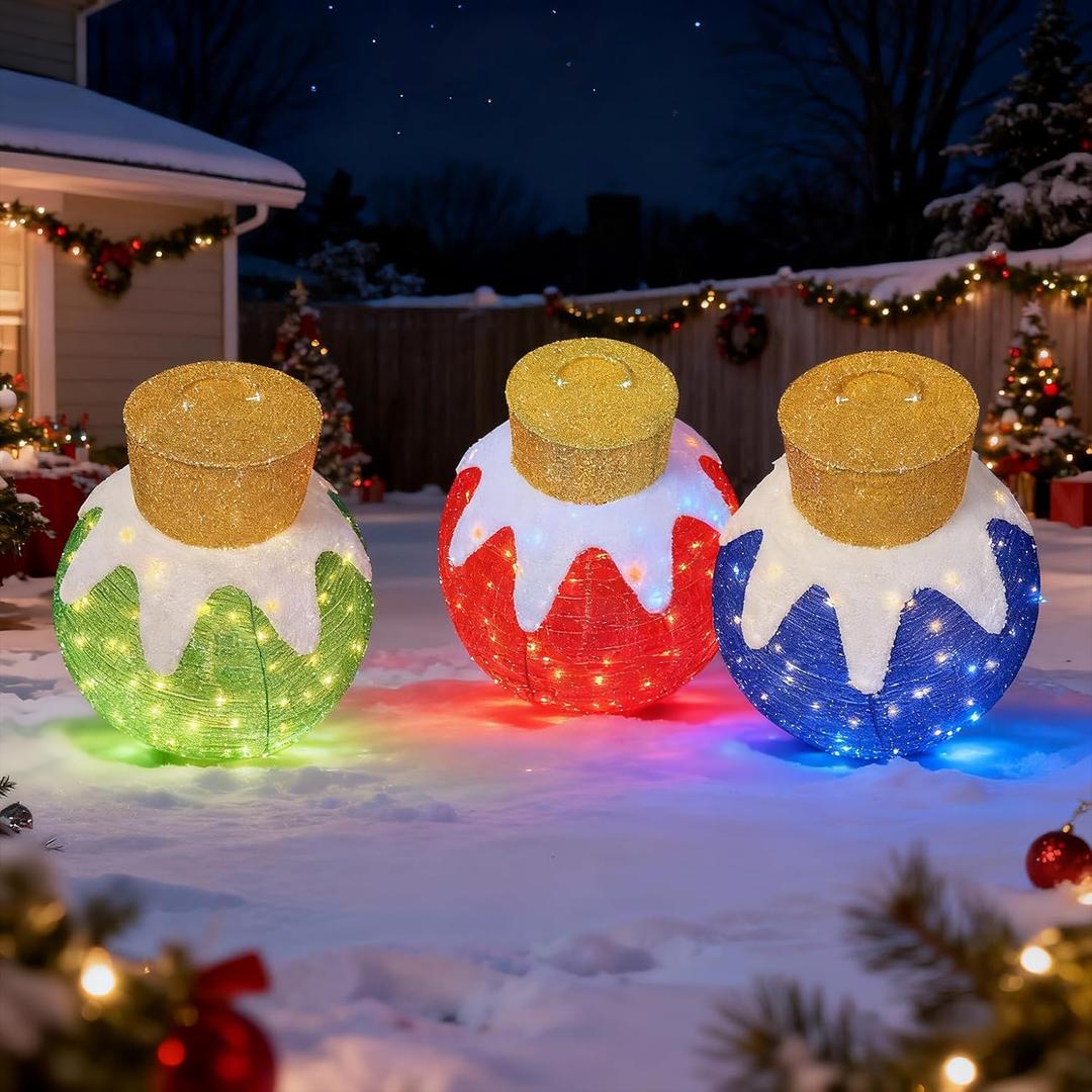 3Pack Outdoor Christmas Ornaments Set, 3D Lighted Pop-Up Outdoor Holiday Xmas Ball Decoration with 240 LED Lights, 8 Light Modes, Christmas Standing Ball Ornaments Decor for Yard Home - Red/Blue/Green