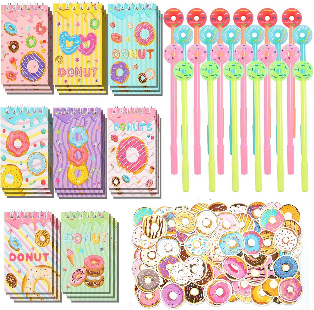 148 Pcs Donut Return Gifts Bulk Mini Notebooks Pens Stickers Set for Donut Themed Birthday Supplies Classroom Reward Gift Prizes Goodie Bags Stuffers