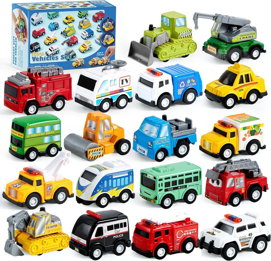 JOYIN 18 Pcs Pull Back City Cars and Trucks Toy Vehicles Set, Friction Powered Cars Toys for Toddlers, Boys, Girls Educational Play, Kids Stocking Stuffers, Easter Basket Stuffers