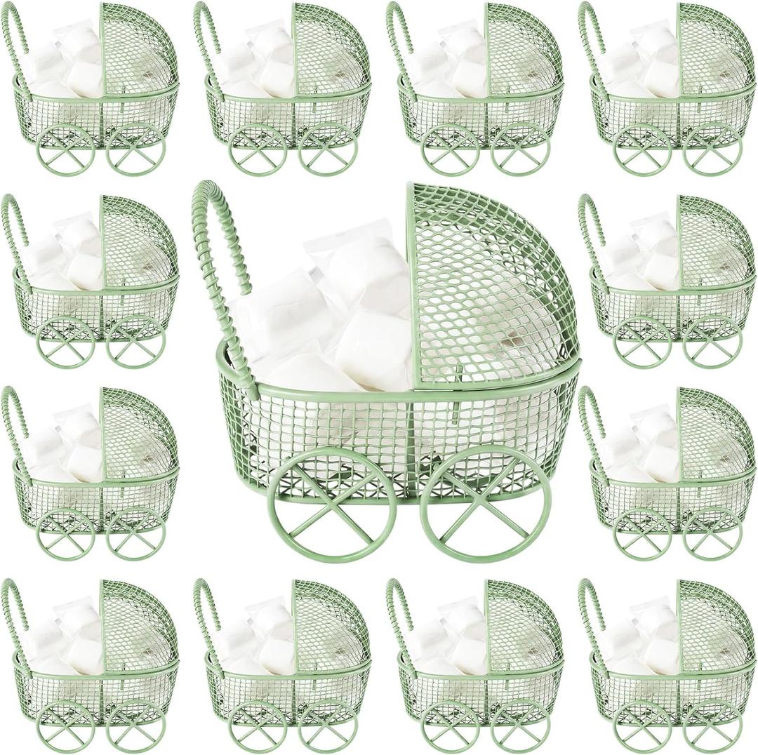 Threehoney 12 Pcs Baby Shower Mini Carriage Decoration Greenery Color Metal Wired Fillable Candy Stroller Baby Shower Table Centerpiece for Guest Gender Reveal Wedding Party Favor Gift