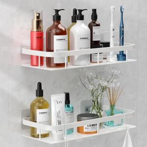 lanlord Wall Mounted Shower Caddy Shelf Organizer Rack,2 Pack No Drilling Adhesive Shower Shelves,Bathroom Shower Organizers and Storage,Save Space With Hooks,Apartment Essentials (White 2LWLT). (White-2-L-WL-rectangle)