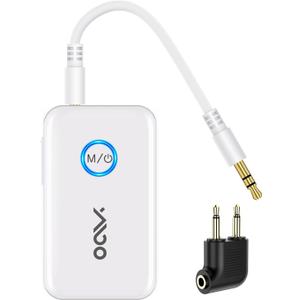 YMOO Bluetooth 5.3 Transmitter Receiver for 2 Wireless Headphones/Speaker/Airplane, 3.5mm Jack AUX Bluetooth Audio Adapter, 22h Long Range AptX Low Latency for Smarphone/Tablet/PC/TV/Home Stereo (White)