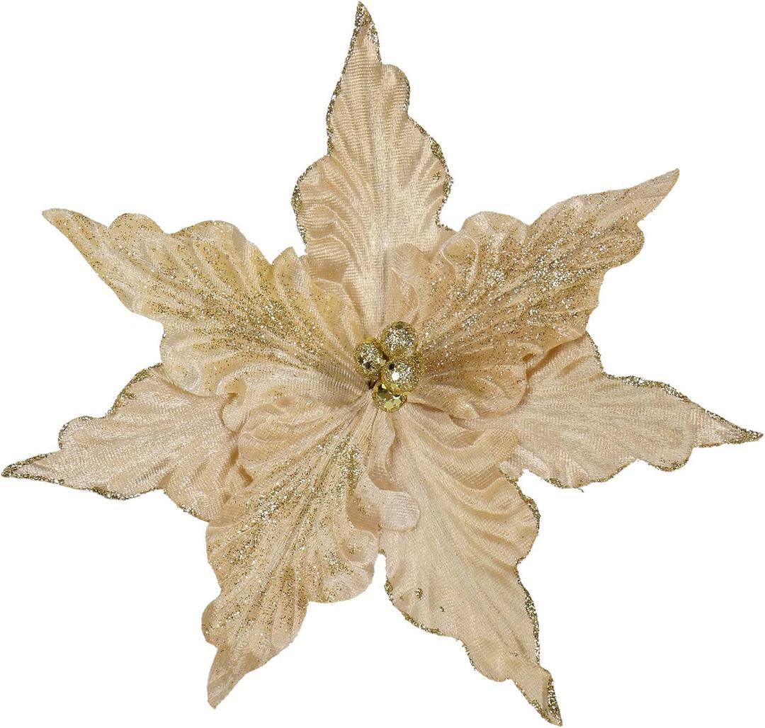 Briful 9'' Heads Christmas Glitter Poinsettia Flowers Picks Christmas Tree Ornaments Set of 8 Artificial Flowers with Clips for Xmas Tree Party DIY Holiday Decorations, Champagne