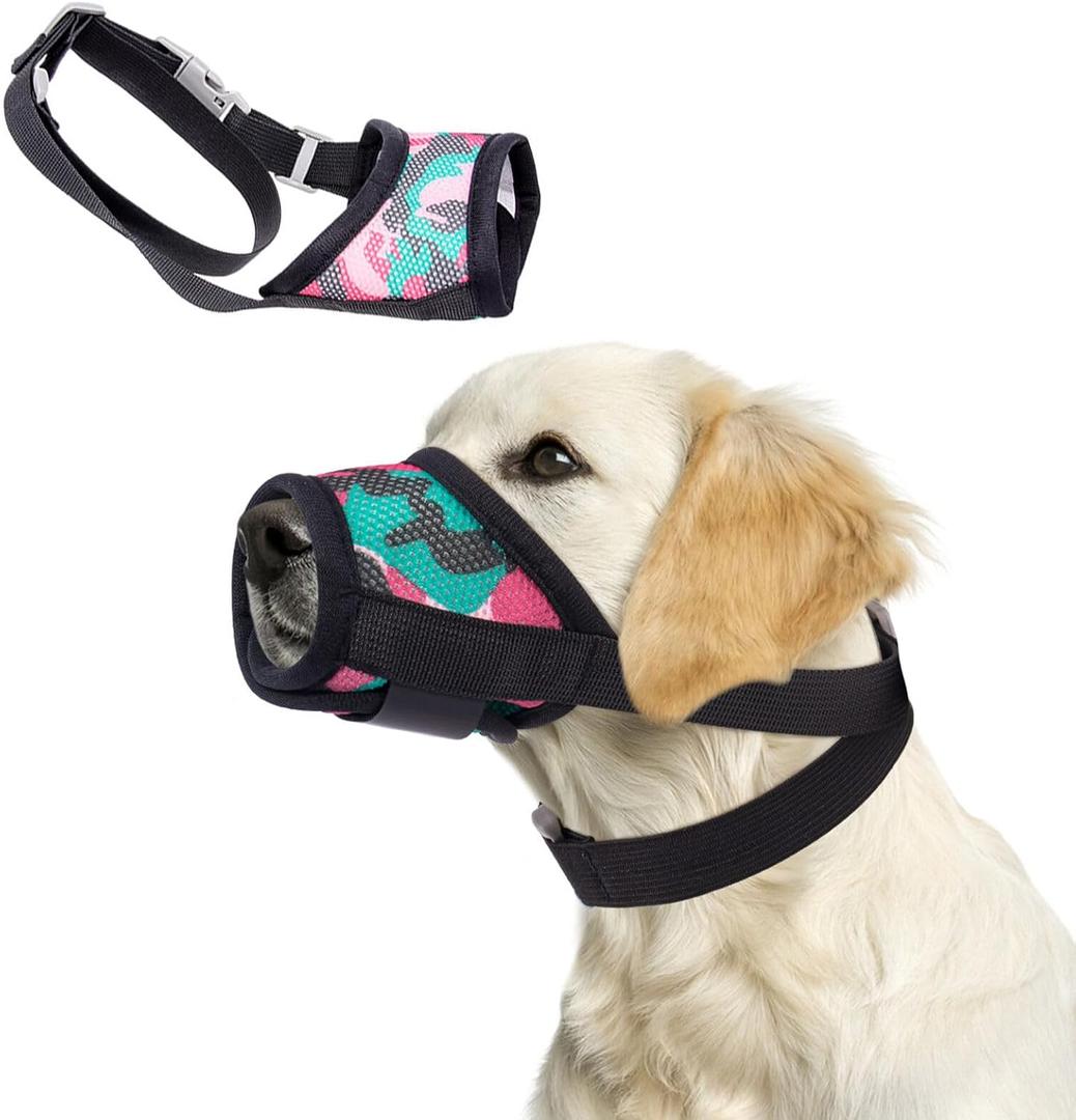 Coppthinktu Dog Muzzle with Escape-Proof Elastic Neck Collar, Soft Adjustable Mesh Dog Mouth Guard for Dogs to Prevent Biting Barking Chewing & Allows Panting Drinking M