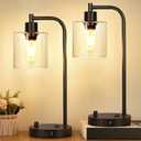 Set of 2 Industrial Table Lamps with 2 USB Port, Fully Stepless Dimmable Bedside Lamps for bedrooms, Nightstand Desk Lamp with Seeded Glass Shade for Reading Living Room Office 2 LED Bulb Included (Glass & Matte Black(Base))