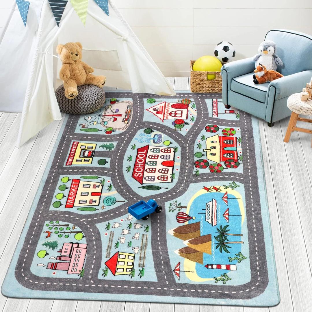 LIVEBOX Soft Kids Rug 4'x6' Carpet Play Mat for Baby Boys Girls, City Life Road Traffic Playroom Rug for Playing Cars Toys, Educational Nursery Rugs for Children Bedroom Kids Room (Blue)
