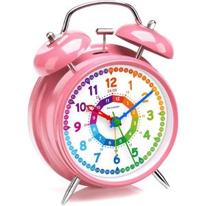 Peakeep Loud Analog Alarm Clock for Kids Learning Telling Time Teaching, 4.5" Twin Bell Alarm Clock Battery Operated for Heavy Sleepers Adults Teenagers Kids (Pink-rainbow)