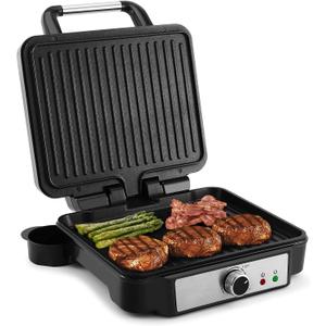 MONXOOK Panini Press Sandwich Maker, 4 Slices Panini Grill Non-Stick Coated Plates, Panini Makers with Temperature Control, Opens 180 Degrees, Removable Drip Tray, 1400W, Stainless Steel