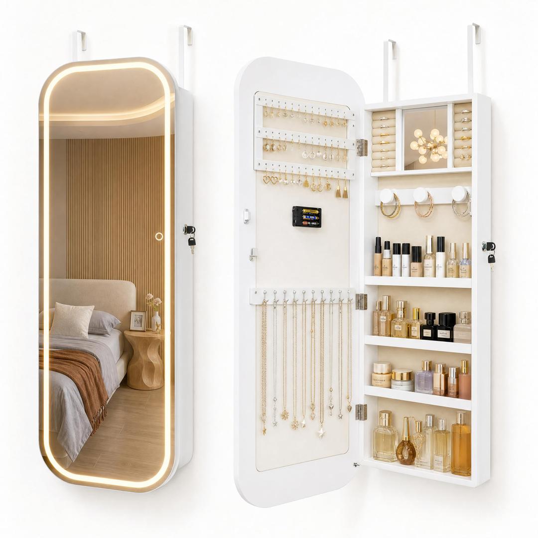 Fiqevs Wall/Door Mirror Jewelry Cabinet, Mirror with Storage and Light