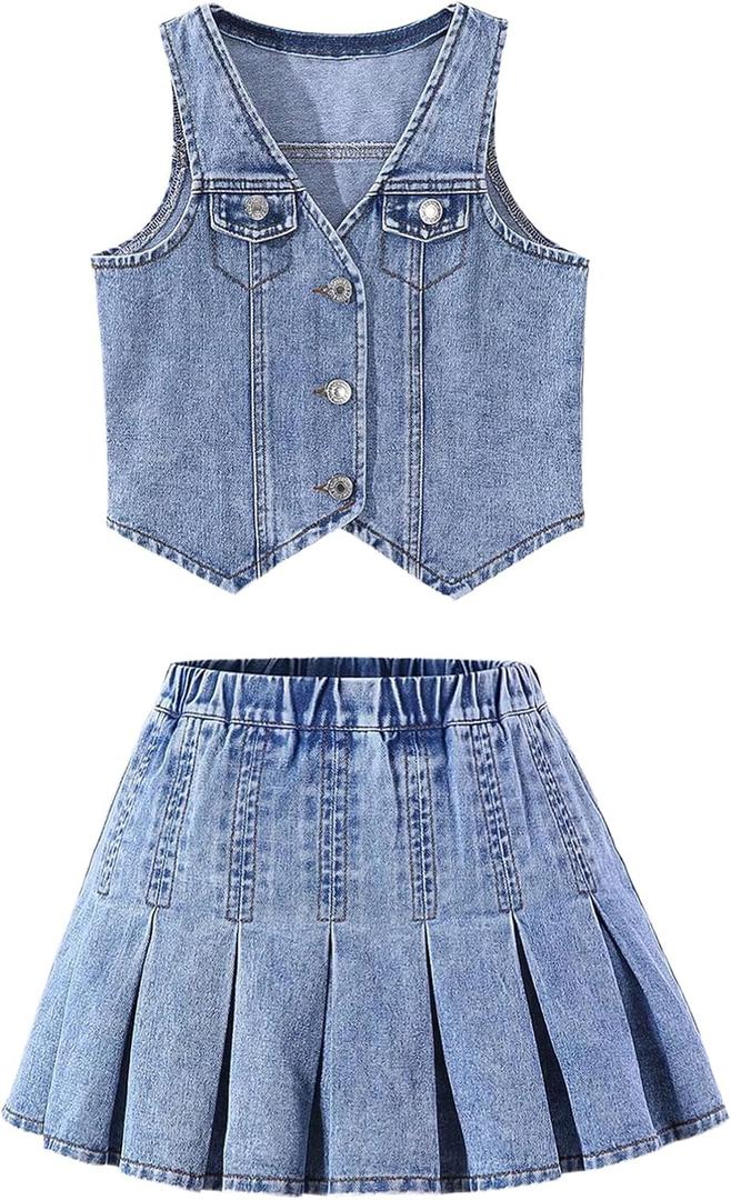 MakeMeChic Girl's Y2K Two Piece Cute Outfits Denim Jeans Sleeveless Button Down Vest and Pleated Mini Skirt Set 8-12 Years (Blue) 
12Y