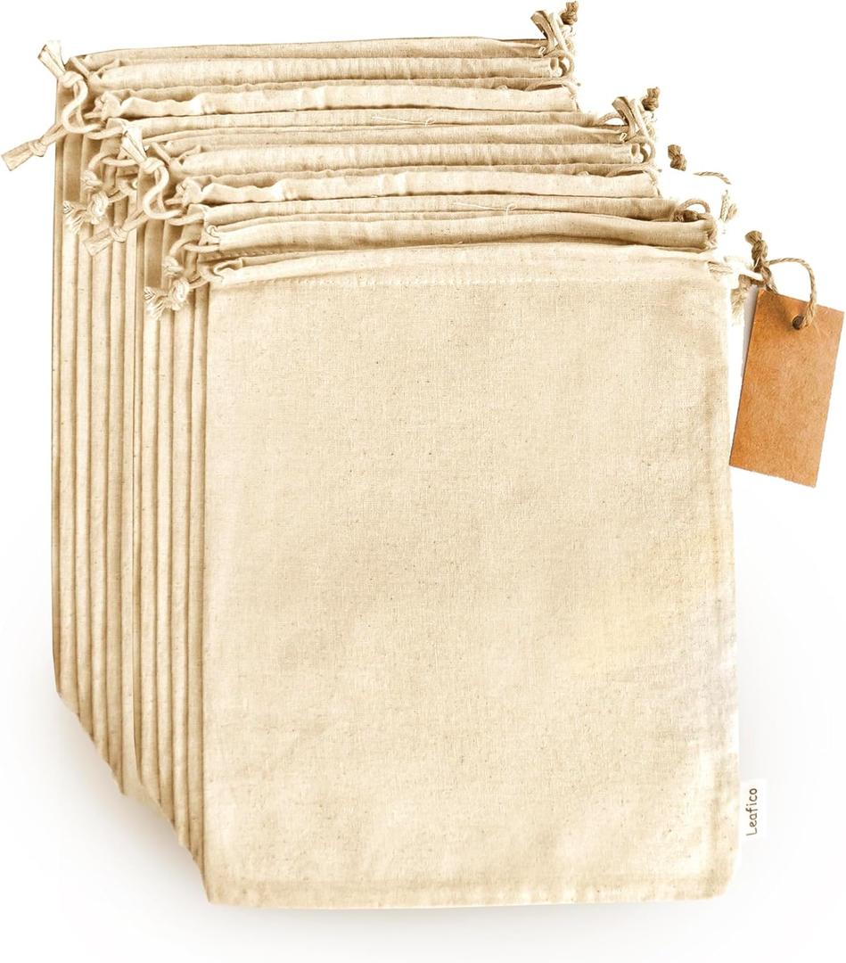 LEAFICO Multipurpose Eco Cloth Bags - Large 10x12 Inch 12 Pcs - Cotton Produce Storage Sacks - Muslin Drawstring Pouches for Vegetables - Bread Bags - Linen Fabric Sachets