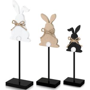 Maitys 3 Pcs Easter Bunny Wooden Table Decor Vintage Rabbit Standing Tabletop Decor Easter Bunny Block Centerpiece Sign with Jute Rope for Festival Gifts, Black, White, Natural Wood Color