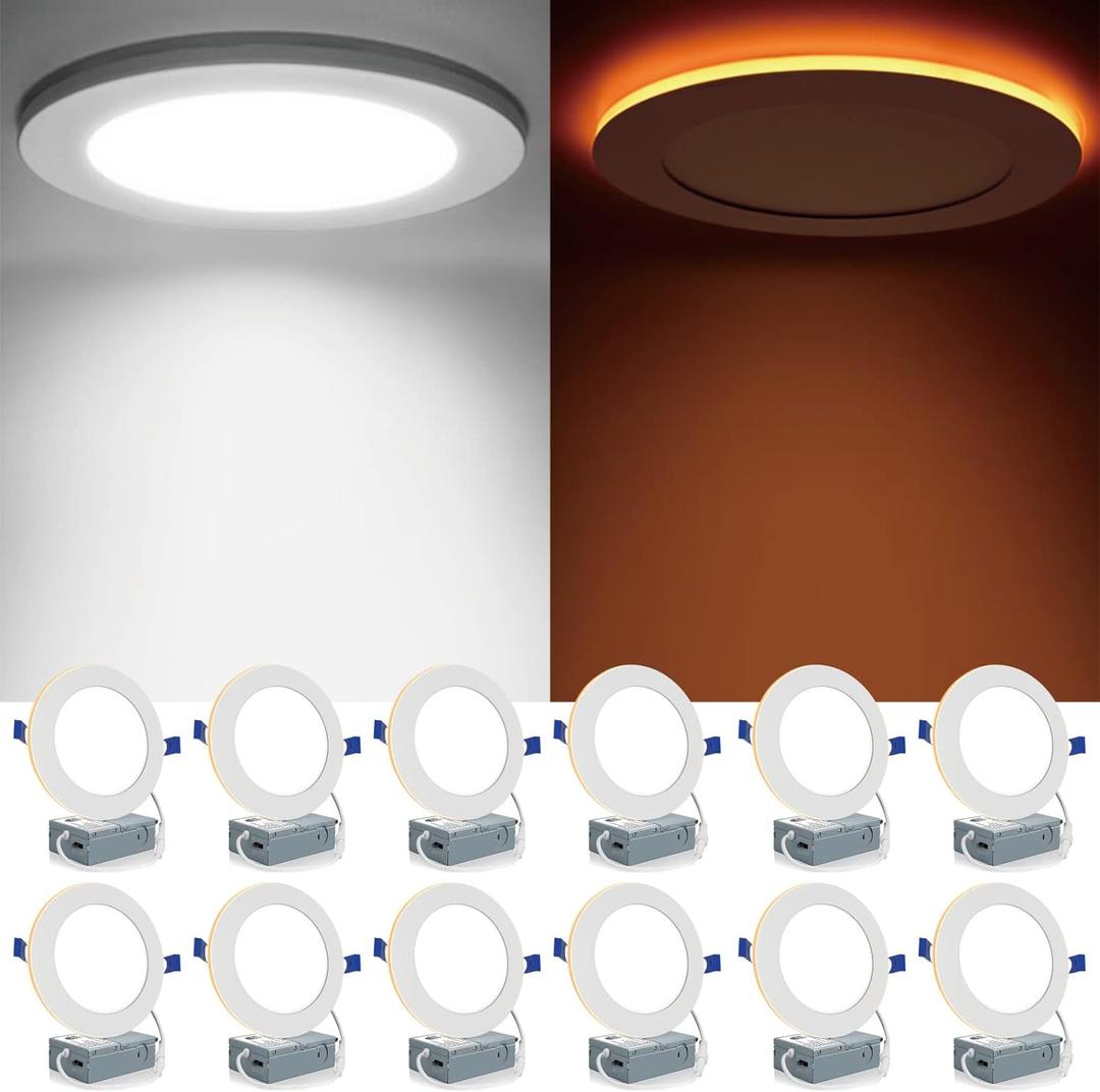 Meconard 12 Pack 6 Inch 5CCT LED Canless Recessed Lighting with Night Light, 2700K/3000K/3500K/4000K/5000K Selectable Ultra-Thin LED Ceiling Lights, 12W=110W, 1050LM, Dimmable Wafer Downlight ETL&FCC (White)