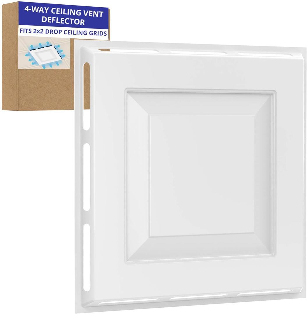 4-Way Ceiling Vent Deflector for 2x2 Drop Ceiling - Air Diverter Redirector, No Tools Required, Even Air Distribution for Office, Classroom & Commercial Spaces (White 1PC)