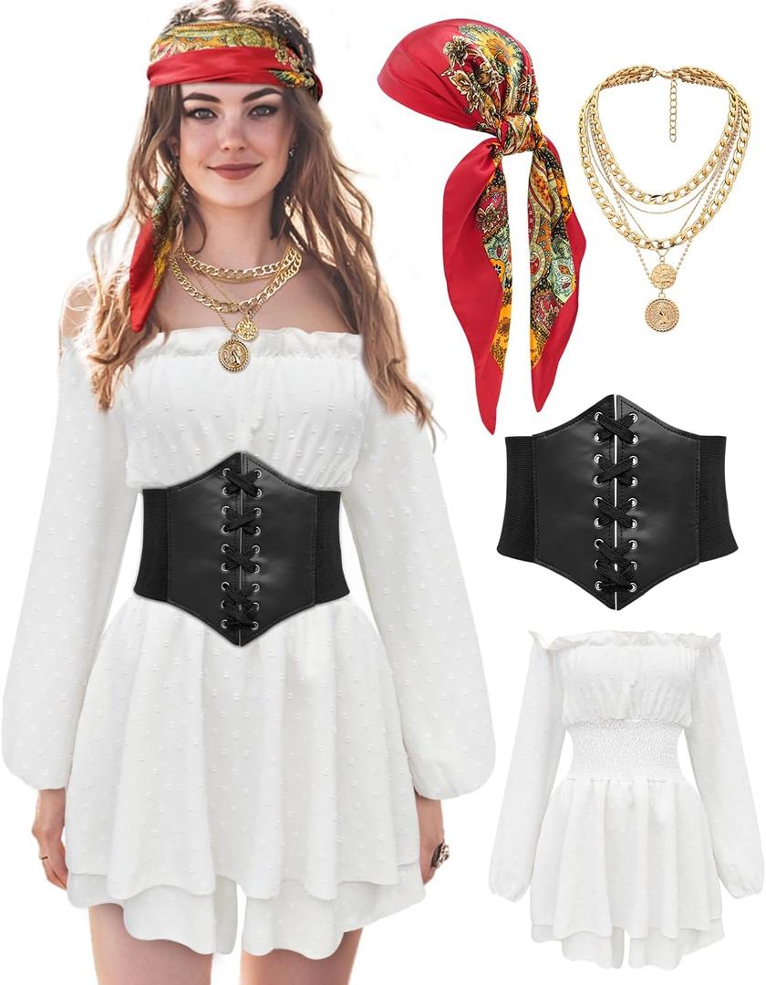 Women Pirate Costume Dress with Corset Accessories Long Sleeve Romper Short Off Shoulder Dress S Women Pirate Costume Dress with Corset Accessories Long Sleeve Romper Short Off Shoulder Dress S