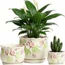 Vintage Flower Pots for Indoor Plant, Round Ceramic Plant Pots with Drainage Holes and Saucers, 6.7/5.2/3.9 Inches Retro Flower Planters Set of 3 (Morning Glory)