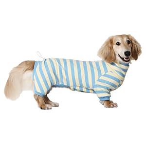 HowlyWoof Dachshund Dog Shirt, Thin Striped Base Layer Onesie for Wiener Dogs, Lightweight All-Season Wear, Soft & Comfy Fit for Doxie and Short-Leg Breeds (Blue&Yellow, Size 3(16-21 lbs))