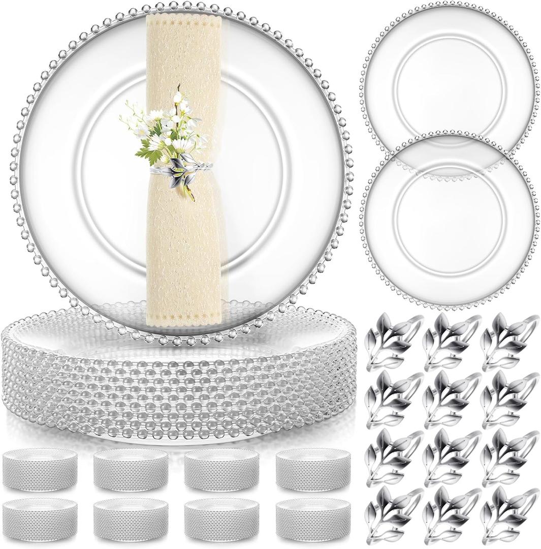 Bokon 50 Set Clear Charger Plates Bulk 13 Inch Beaded Plastic Charger Plates with Napkin Rings Acrylic Round Dinner Table Decorative Plates for Party Wedding Thanksgiving(Clear and Silver)