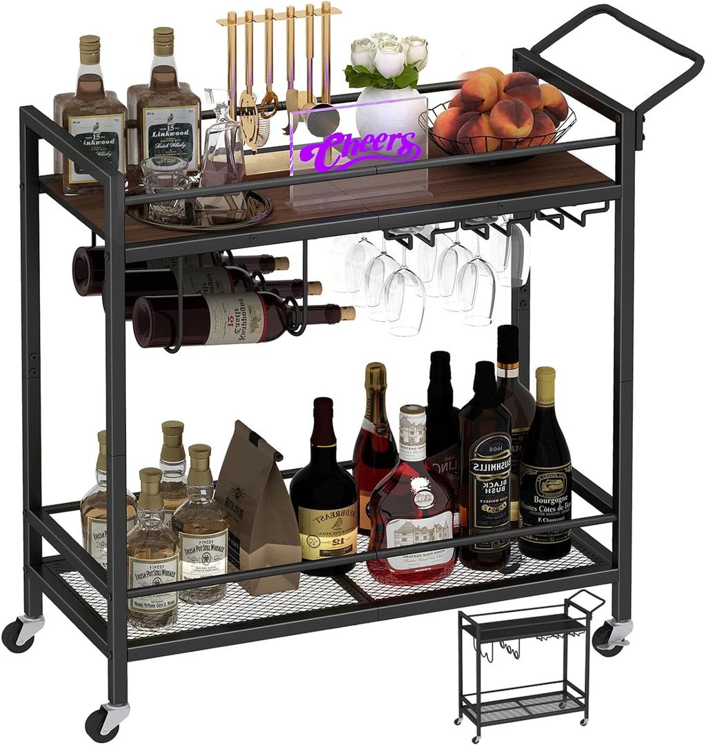 LAATOOREE Bar Cart, Two-Color Home Bar Serving Cart, Mobile Drink Beverage Cart with 2 Storage Shelves, Rolling Kitchen Cart with Wine and Glass Holder, for Dining Room, Living Room, Kitchen (Walnut + Black)