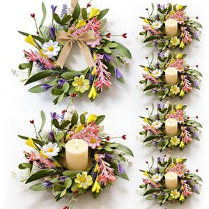 6 Pcs Mini Spring Candle Rings Wreaths Pink White Daisy Flower Small Pillar Holder Wreath Artificial Purple Wild Flower Summer Floral Wreath for Farmhouse Porch Front Door Cabinets Table Decoration