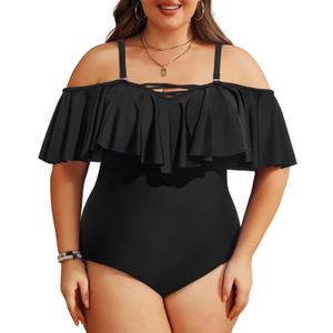 Daci Women Plus Size One Piece Swimsuits Tummy Control Ruffle Off Shoulder Bathing Suits (M, Black2)