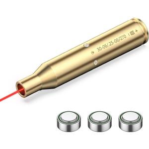 EZshoot Bore Sight Laser 9mm/ 223 5.56mm/ 30-06/25-06/270 /300BLK 7.62x35mm/ 6.5CM/ 12 Gauge Cal Red Laser Boresighter with Extra Batteries (Gold)