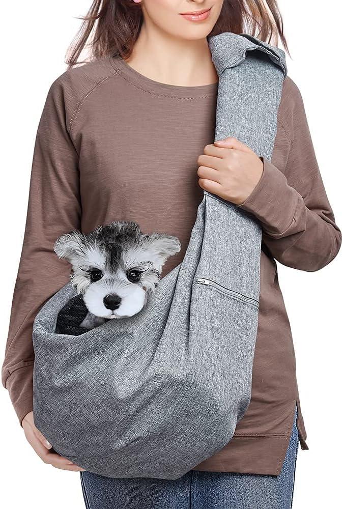 Dog Cat Sling Carrier Adjustable Padded Shoulder Strap with Mesh Pocket for Outdoor Travel (Grey, L - 8 to 15 lbs)