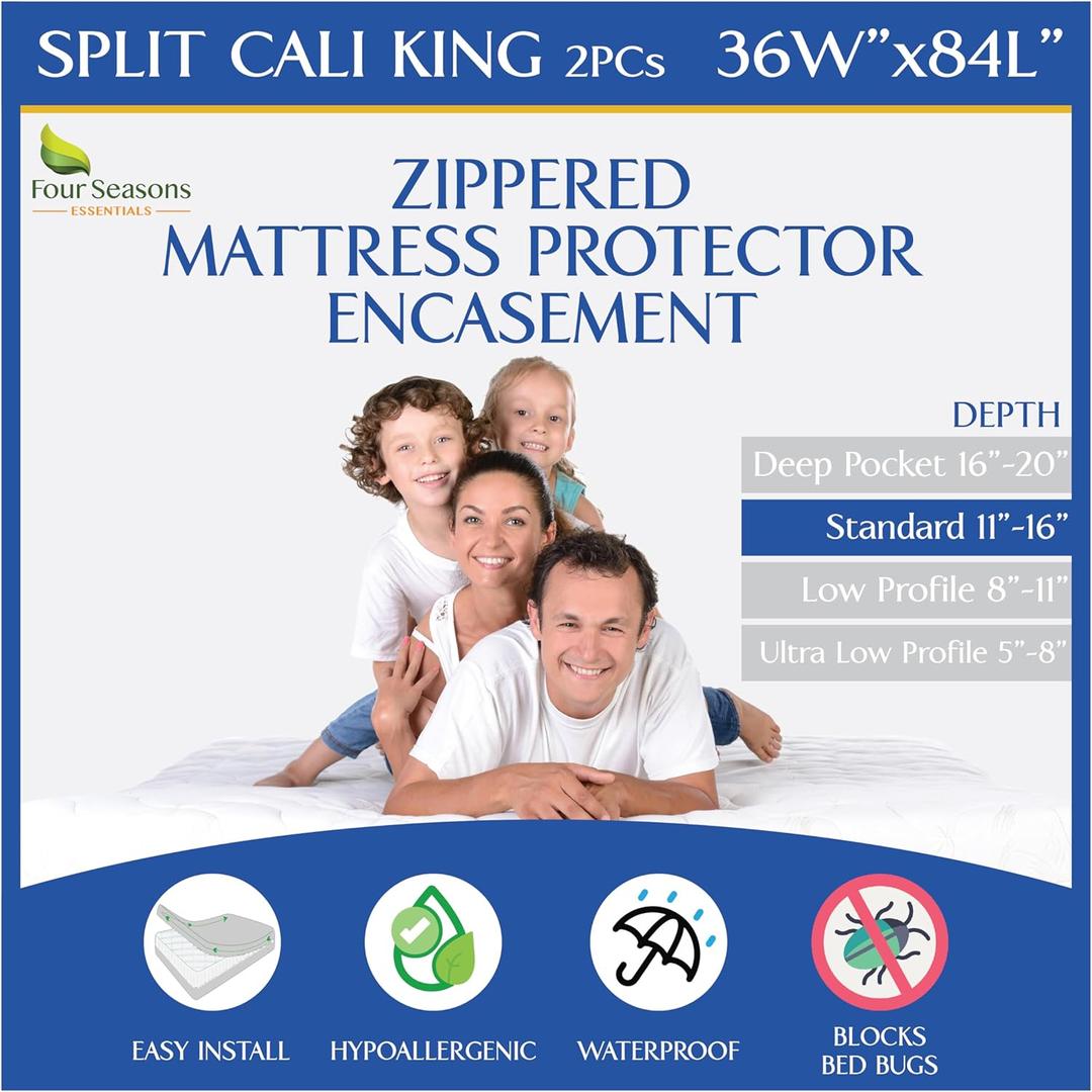 Split Cali King Mattress Encasement 36" x 84" (2PCs) - Waterproof Zippered Protector Hypoallergenic Premium Quality Cover for Adjustable Beds and Split Mattresses (11"-16" Depth)