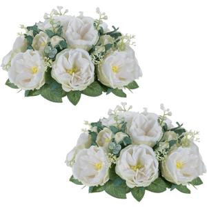 NUPTIO Artificial Flowers Ball Centerpieces: 2 Pcs 9.8 Inch Diameter Fake Kissing Rose Floral Balls for Wedding Party Bridal Shower Valentine Home - White Bouquet Arrangement Decorations for Table