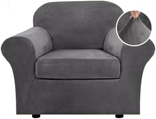 H.VERSAILTEX Rich Velvet Stretch 2 Piece Chair Cover Chair Slipcover Sofa Cover Furniture Protector Couch Soft with Elastic Bottom Chair Couch Cover with Arms Width Up to 49 Inch, (Chair,Grey)