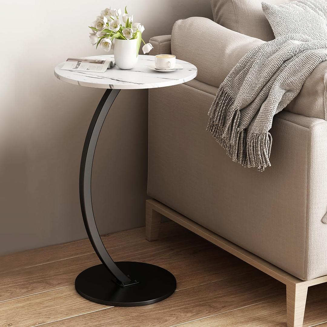 C Shaped Side Table End Table Round Small Side Tables with Metal Frame for Sofa Bed Couch TV Tray Tables for Living Room Bedroom Small Spaces Bedside Accent Nightstand Desk, White and Black