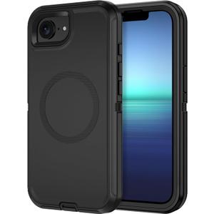 for iPhone 16e Case [Compatible with MagSafe] Shockproof 3-Layer Full Body Protection [Without Screen Protector] Rugged Heavy Duty Cover Case for Apple iPhone 16e 6.1" 2025,Black