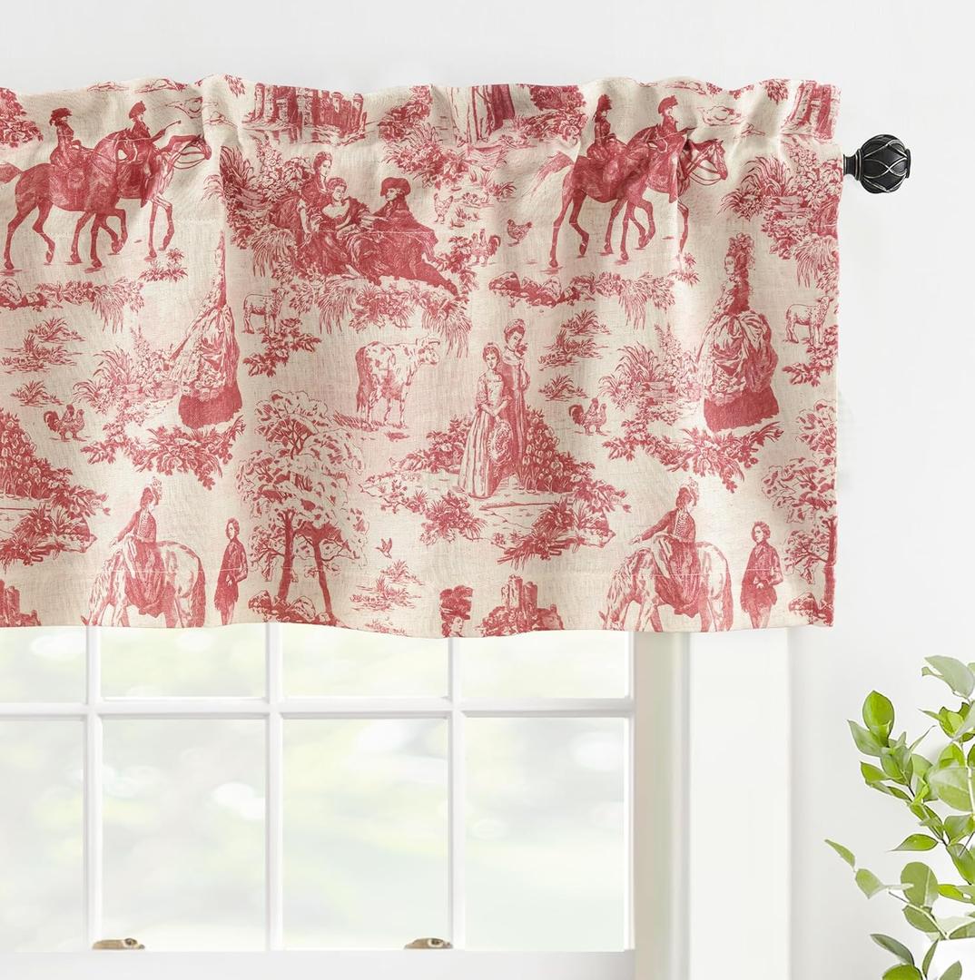 DriftAway Toile Linen Lined Valance Double Layer Thermal Room Darkening Blackout Window Valance Curtain for Kitchen Bathroom Farmhouse French Country Vintage Printed Pattern Single 52 x 18 Inch Red