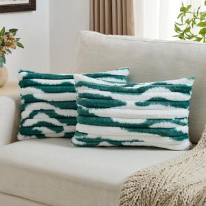 FUTEI Pack of 2 Faux Fur Throw Pillow Covers 12x20 Inch, Green White | Double-Sided Tie Dye Faux Rabbit Fur Striped,Hidden Zipper,Machine Washable,Non-Shedding,Colorfast,Insert Not Included.