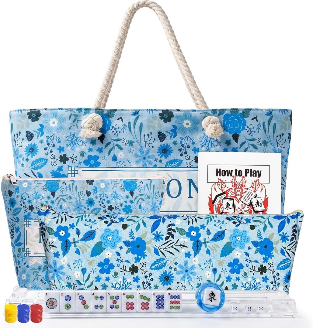 American Mahjong Game Set, Complete Mahjong Set with 160 Premium White Tiles and Mahjong Racks, Bag and Accessories for Family Party (Blue Bag)