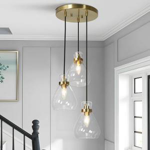 KSANA Modern Gold Pendant Lights, 3 Light Cluster Chandelier Kitchen Island Pendant Lights with Glass Shade Dining Room Chandelier for Hallway Entryway Bedroom Foyer, 16" diameter, 68.5" height