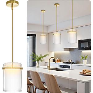 Biewalk Gold Pendant Lights Kitchen Island with 10.2" Clear Glass Shade, Adjustable Modern Pendant Lighting Over Sink with LED, Minimalist Hanging Light Fixture for Dining Room Kitchen Bedroom