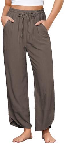 GRAPENT Linen Pants Women High Waisted Wide Leg Casual Beach Pull On Elastic Waist Summer Cropped Pants with Pockets Size 2XL