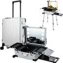 22'' Aluminum Trolley Rolling Makeup Train Case with LED Light Mirror Professional Cosmetic Travel Box with Bluetooth Speaker Make up Cosmetic Organizer Studio Nail Salon Beauty Vanity Silver